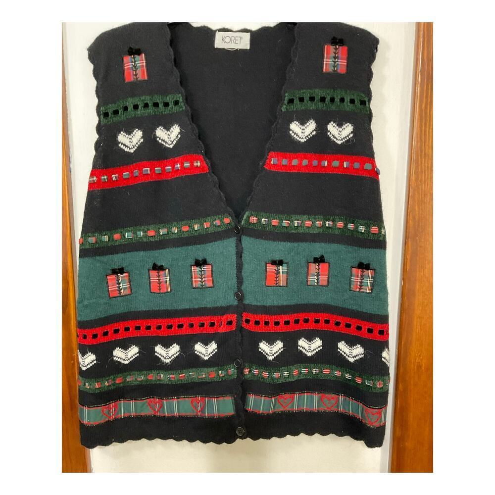VTG 90s Koret Women’s Christmas Sweater Vest Plaid Hearts Gifts Sz 2X Button - Picture 6 of 6